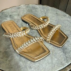 Karl Lagerfeld payzlee embellished champagne sandal flats sz 5